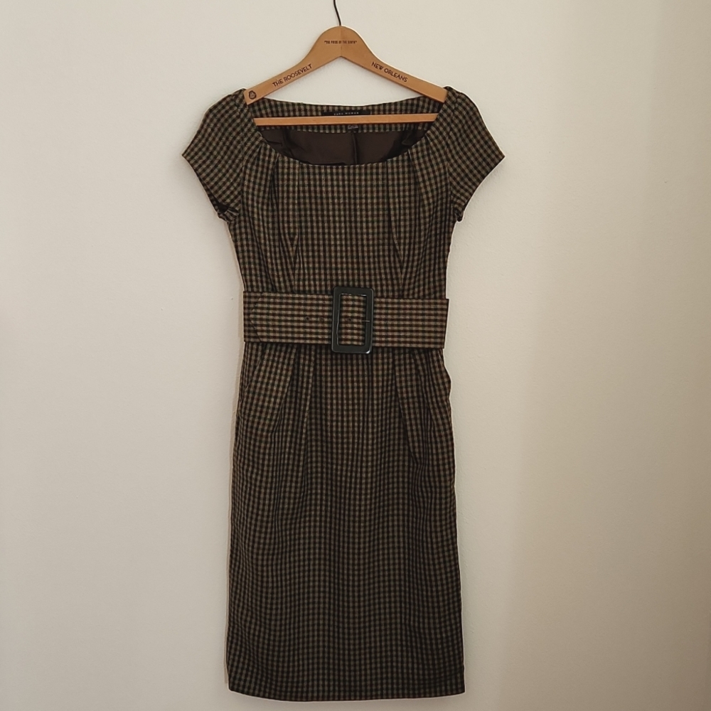 Zara Wool Houndstooth Brown Green Tweed Mad Men Dress Belted Pockets SMALL 4